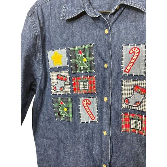 Vintage Westbound 90s Christmas Patchwork Embroidery Denim Shirt Large‎ - Picture 3 of 6